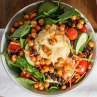 Mediterranean Salad · Lettuce, tomatoes, spinach, cucumbers, carrots and mix beans with scoop of hummus on top and...