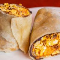 Breakfast Burrito No Meat · Flour tortilla filled with scrambled eggs, cheese, refried beans, home fries, and our delici...