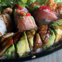 Princess · Shrimp tempura roll topped with bbq eel and avocado, eel sauce.