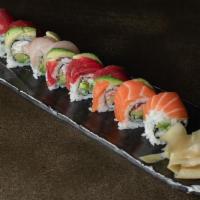 Rainbow Roll · 8 piece. 2 Tuna, 1 Salmon, 1 Hamachi(yellowtail), & Crab stick. With Avocado & Cucumber