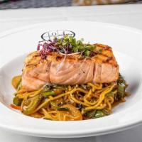 Grilled Salmon Lo Mein · Water Chestnuts, Snow Peas, Broccoli, Carrot