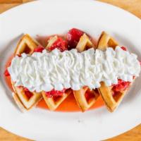 Waffle With Topping · Strawberries & Whipped Cream, Peaches & Whipped Cream, Spiced Apples & Whipped Cream.
