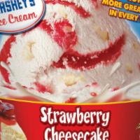 Strawberry Cheesecake · Cheesecake ice cream swirled with strawberry sauce and cheesecake pieces.
