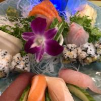 Sushi And Sashimi · 1 California roll, 4 pieces sushi and 10 pieces sashimi combination.