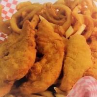 Chicken Finger Dinner · with 6 Chicken Fingers Served with Homemade Onion Rings, French Fries, and side Greek Salad ...