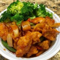 Sweet & Sour Chicken · Battered fried chicken stir fried in thai sweet and sour sauce served with steamed broccoli ...
