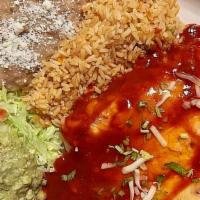 Mexican Enchiladas Plate · Topped with red or green sauce, rice, beans, lettuce, pico de gallo, guacamole and sour cream.