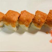 Phoenix Roll · Cut eight piece. Shrimp tempura, cucumber with Spicy Crabmeat on top.
