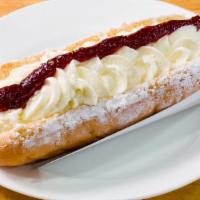 Bismark · Light and airy puffed pastry filled with raspberry and homemade fresh whipped cream.