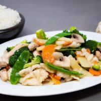 Chicken Chop Suey · With rice and noodles.