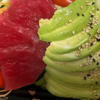 Tuna Avocado Salad · Fresh tuna fish with avocado, cucumber ,lettuce and dressing on the side