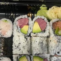 Tri-Color Combo  · One salmon cucumber, tuna avocado roll and yellowtail scallion roll
