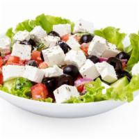 Greek Salad · Crunch cucumbers, tomatoes, feta cheese, boiled egg, olives, onions, and green peppers, serv...