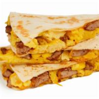 Sausage Egg And Cheese Quesadilla   · Two fresh cracked eggs, Jimmy Dean® Country Sausage and melted cheddar cheese in a grilled f...