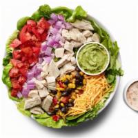 Southwest Chicken Taco Salad · Green Leaf, Green Romaine, Baby Spinach, Arugula, Frisee, Grilled Chicken, Cheddar Cheese, D...