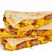 Sausage Egg And Cheese Quesadilla  · Two fresh cracked eggs, Jimmy Dean® Country Sausage and melted cheddar cheese in a grilled f...