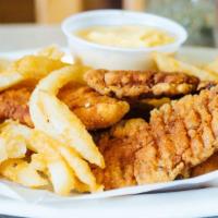 Chicken Fingers · Served with fries and honey mustard.