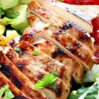Grilled Chicken Salad · Very large tossed salad topped with warm chicken strips.