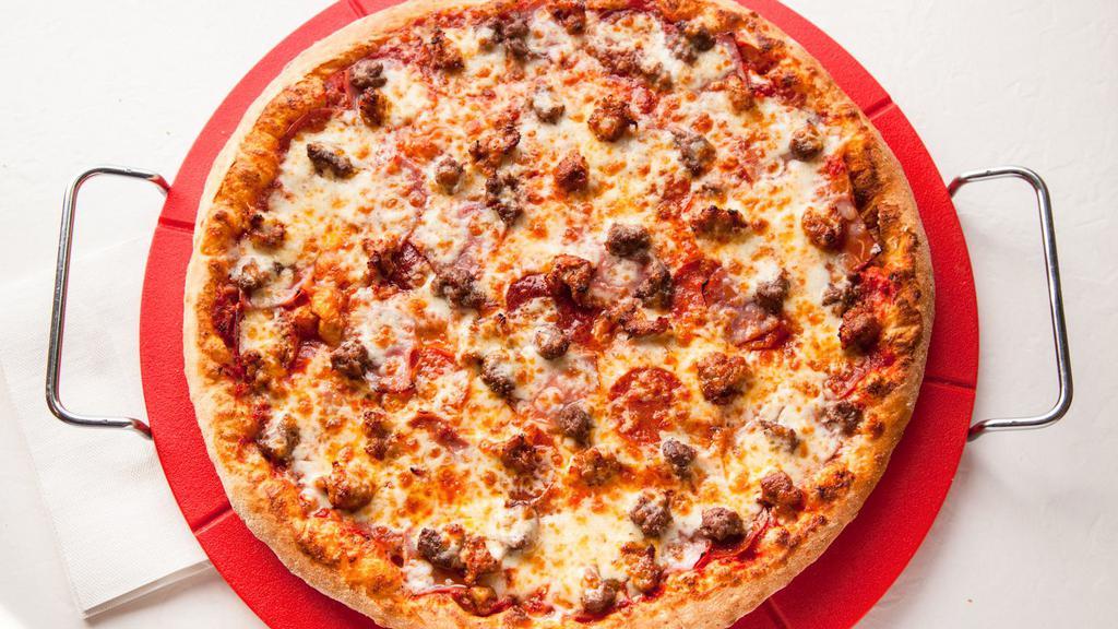Large 14” Meat Lovers Pizza · Grande mozzarella cheese, homemade tomato sauce, Italian pepperoni, honey baked ham, fresh ground beef, Italian sausage.