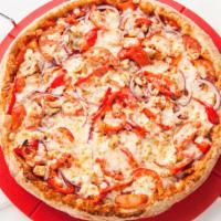 Medium 12” Chicken Parmigiana Pizza · Red bell peppers, sweet red onions, plum tomatoes, Chicken breast fillet, topped with grated...