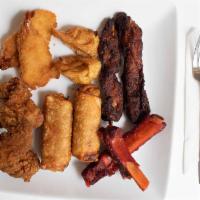 Pu Pu Platter (For 2) · Egg roll, BBQ spare ribs, fried chicken wings, chicken teriyaki, and fried wonton.