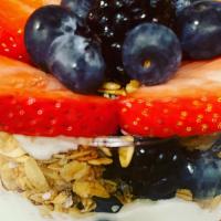 Berry Parfait · Fresh fruit, yogurt, Darla's homemade granola all layered perfectly in a 20 oz. wine glass. ...