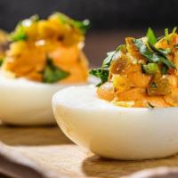 Chorizo Deviled Eggs · Gluten free, vegetarian. Spicy Deviled Eggs (Sold by the Piece).