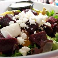 Salad: Roasted Beet Salad · Sliced avocado, mandarin oranges, mixed greens & goat cheese with citrus vinaigrette
