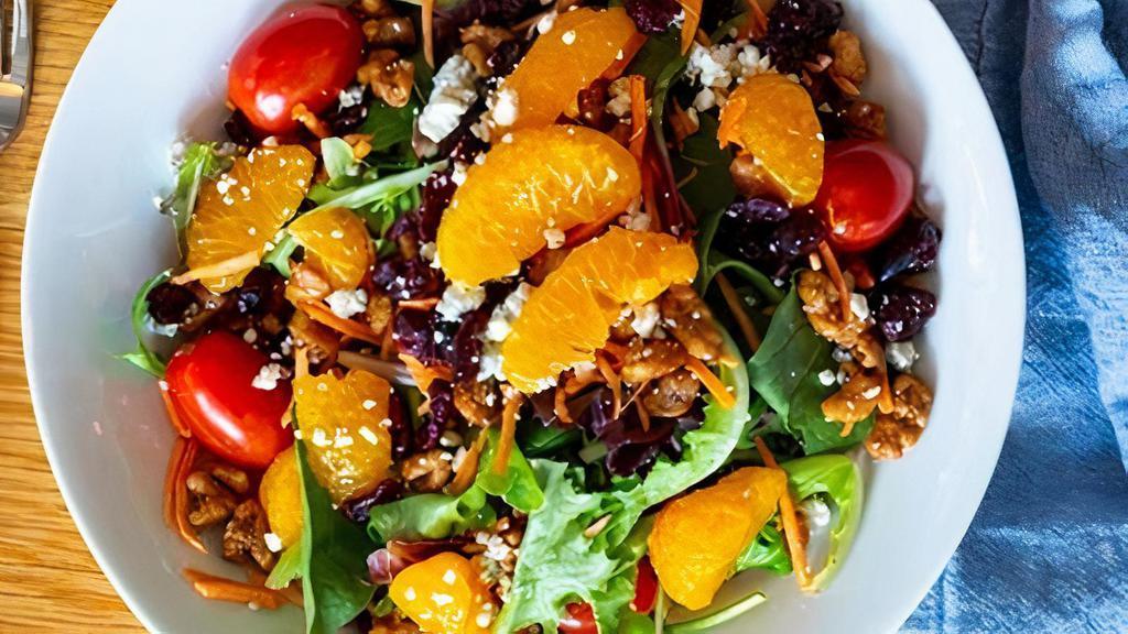 Salad: Gorgonzola · Mixed greens, carrots, candied walnuts, Gorgonzola cheese, tomatoes, craisins, mandarin oranges, w/ roasted garlic vinaigrette