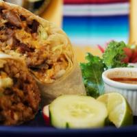 Burritos · Your choice of meat or non-meat substitution, refried beans, seasoned rice and mild cheese, ...