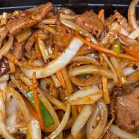 Mongolian Beef. · Tender Beef, onions ,and green onions cooked with hoison hot.