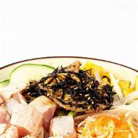 Yuzu Albacore · Seared albacore tuna, sweet onion, cucumber, mango, crab salad, hijiki seaweed, avocado, yuz...