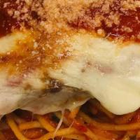 Chicken Parmesan Spaghetti · Home-breaded, marinara, spaghetti, parmesan.