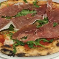 Toscana Pizza · Tomato sauce, mozzarella, mushrooms, prosciutto, arugula and basil.