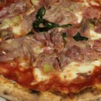 Capricciosa Pizza · Tomato sauce, mozzarella, mushrooms, salami, artichoke, and prosciutto.