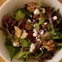 Sarda Salad · Mixed greens, beets, goat cheese, raisins, walnuts and apple vinegar.