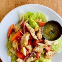 Half House Salad (Vg, Gf Upon Request) · Romaine lettuce, tomato, shredded carrots, red onion, and homemade sourdough croutons.