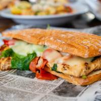 Chicken Toscano Panini · Chicken, Spinach, Roasted Red Pepper & Provolone Cheese.