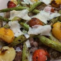 Charred Vegetable Risotto · Sous Vide Mushroom Risotto / Grilled Asparagus / Blistered Heirloom Tomatoes / Shaved Parmes...