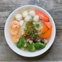 Seafood Noodle · Shrimp, Scallop, Crab sticks, Fishballs, Broccoli, Carrots, and Mushrooms.  Pho or Egg Noodle.