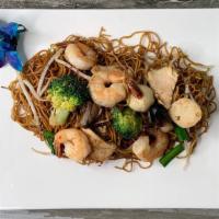 Fried Egg Noodle · Cantonese style soy sauce fried noodle with shrimp, chicken, fish balls, broccoli, carrot, m...