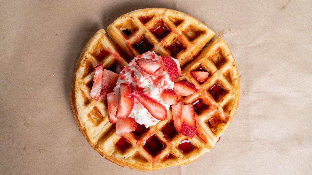 Strawberry Waffles Ice Cream · 6oz Waffle  4oz ice cream infused with Strawberries , coated with strawberry syrup and whipped cream