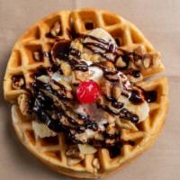 Waffle Sundae · 6oz Waffle , 4oz ice cream, bananas, chocolate syrup,  whipped cream and a cherry