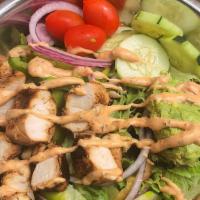 California Chicken Salad  · Grilled chicken, avocado, chipotle mayo, mixed greens, grape tomatoes, green pepper, cucumbe...