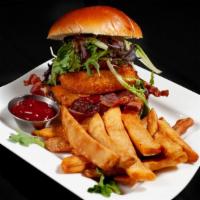 Smokehouse Burger · 10 oz. Angus Burger grilled & topped with cheddar cheese, Applewood bacon, BBQ sauce, & cris...
