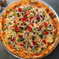Veggie · Red sauce, spinach, onions, kalamata olives , mushroom, fresh garlic, roasted red peppers, g...