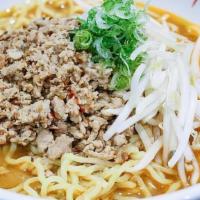 Pork Tan Tan · Spicy miso and chicken broth soup with sesame paste, topped with minced pork, bean sprouts a...