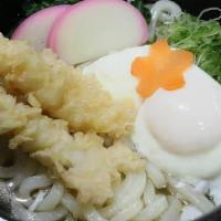 Shrimp Tempura Udon · Fish broth and udon topped with shrimp tempura (on side), seasonal veggie, fish cake, scalli...