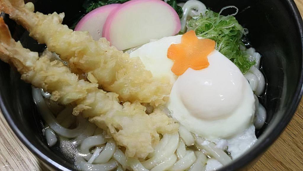 Shrimp Tempura Udon · Fish broth and udon topped with shrimp tempura (on side), seasonal veggie, fish cake, scallion, and egg.