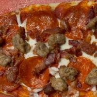 Meat  Lovers · Tomato Sauce, Mozzarella, Pepperoni, Sweet Italian Sausage, Bacon.